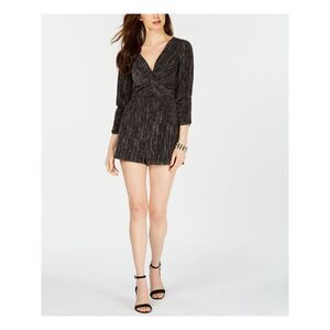 19 COOPER Womens Black Metallic Twisted 3/4 Sleeve V Neck Romper M